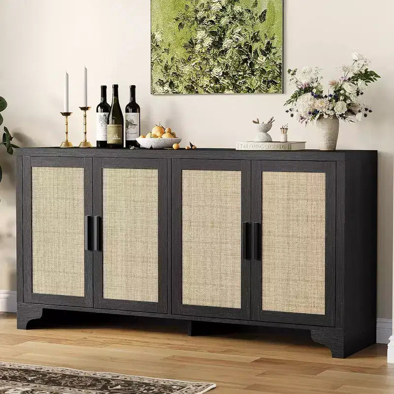 Natural Rattan 4-Door Sideboard Buffet Cabinet, Entryway Console Table, Coffee Bar, and Storage Buffet for Dining Room, Kitchen, and Living Room