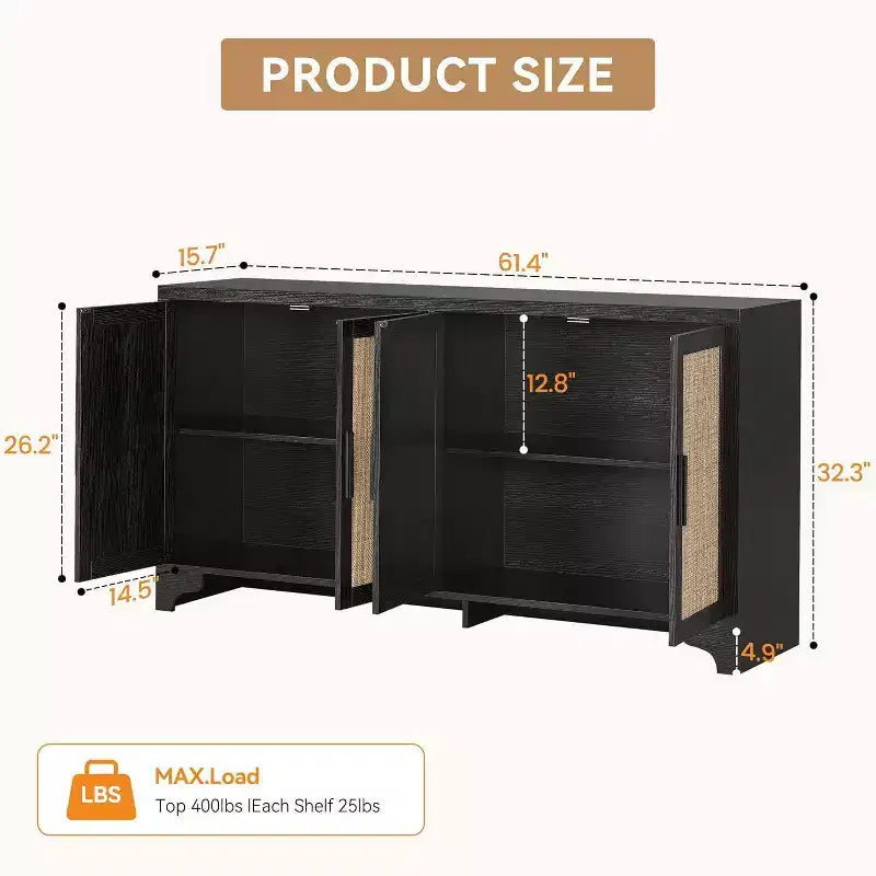 Natural Rattan 4-Door Sideboard Buffet Cabinet, Entryway Console Table, Coffee Bar, and Storage Buffet for Dining Room, Kitchen, and Living Room