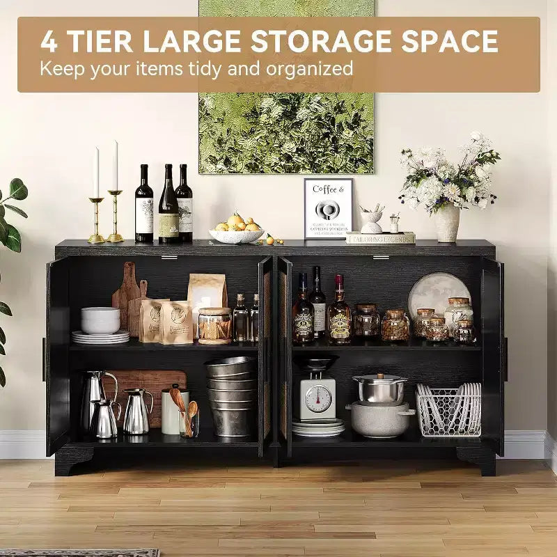 Natural Rattan 4-Door Sideboard Buffet Cabinet, Entryway Console Table, Coffee Bar, and Storage Buffet for Dining Room, Kitchen, and Living Room
