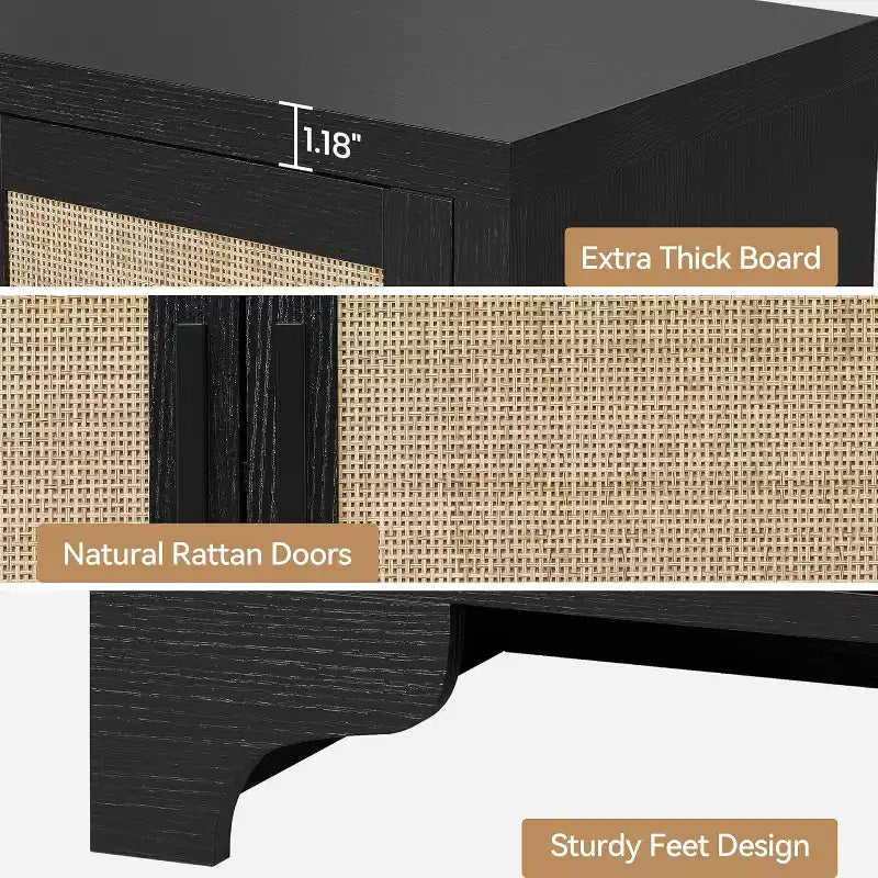 Natural Rattan 4-Door Sideboard Buffet Cabinet, Entryway Console Table, Coffee Bar, and Storage Buffet for Dining Room, Kitchen, and Living Room