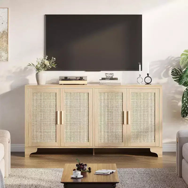 Natural Rattan 4-Door Sideboard Buffet Cabinet, Entryway Console Table, Coffee Bar, and Storage Buffet for Dining Room, Kitchen, and Living Room