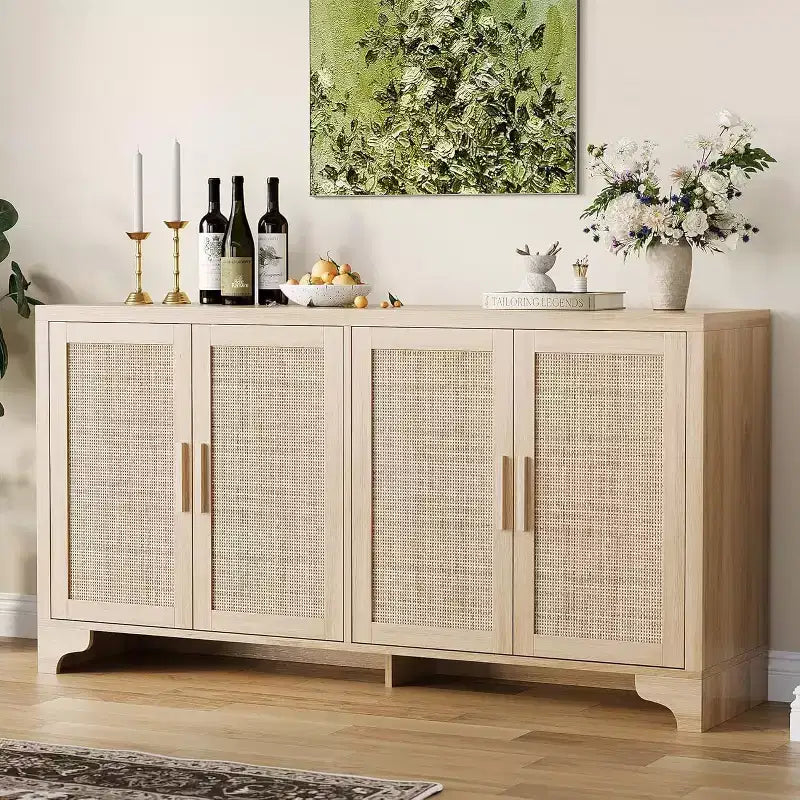 Natural Rattan 4-Door Sideboard Buffet Cabinet, Entryway Console Table, Coffee Bar, and Storage Buffet for Dining Room, Kitchen, and Living Room