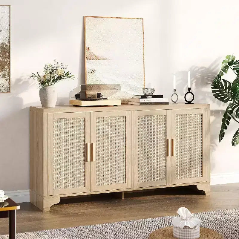 Natural Rattan 4-Door Sideboard Buffet Cabinet, Entryway Console Table, Coffee Bar, and Storage Buffet for Dining Room, Kitchen, and Living Room