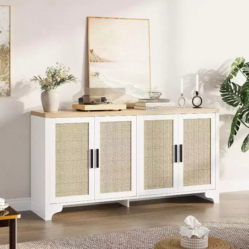 Natural Rattan 4-Door Sideboard Buffet Cabinet, Entryway Console Table, Coffee Bar, and Storage Buffet for Dining Room, Kitchen, and Living Room