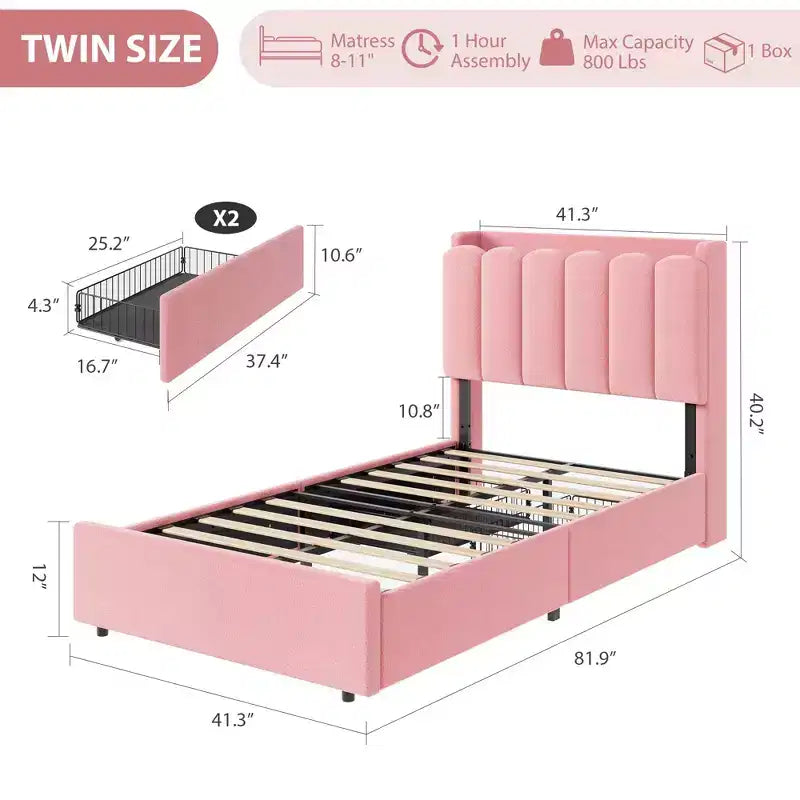Twin Size Bed Frame with Storage Headboard, Upholstered Platform Bed Frame with 2 Drawers, Wooden Slats Support, No Box Spring Required