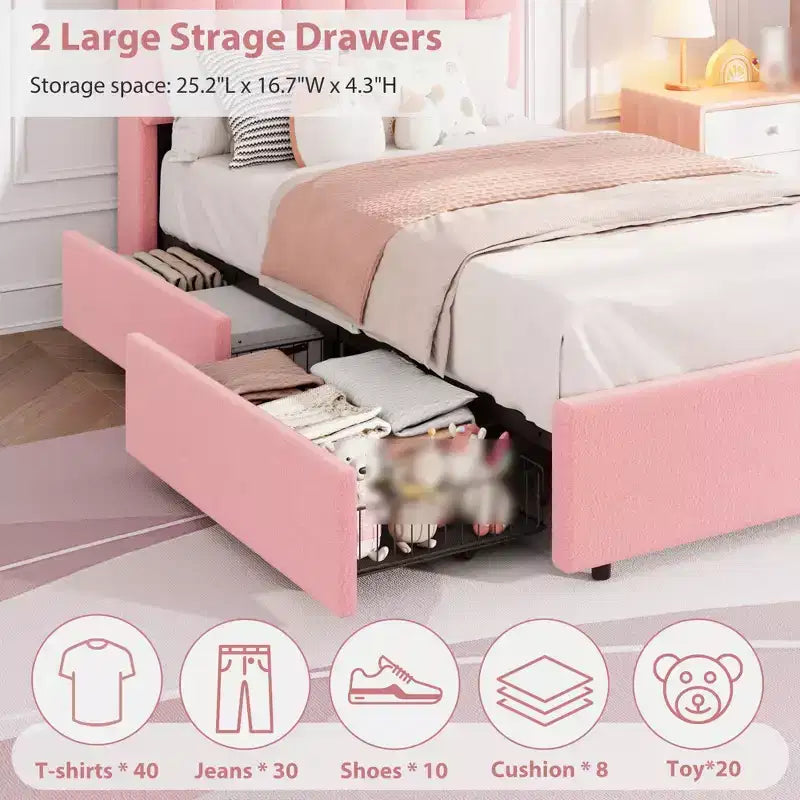 Twin Size Bed Frame with Storage Headboard, Upholstered Platform Bed Frame with 2 Drawers, Wooden Slats Support, No Box Spring Required