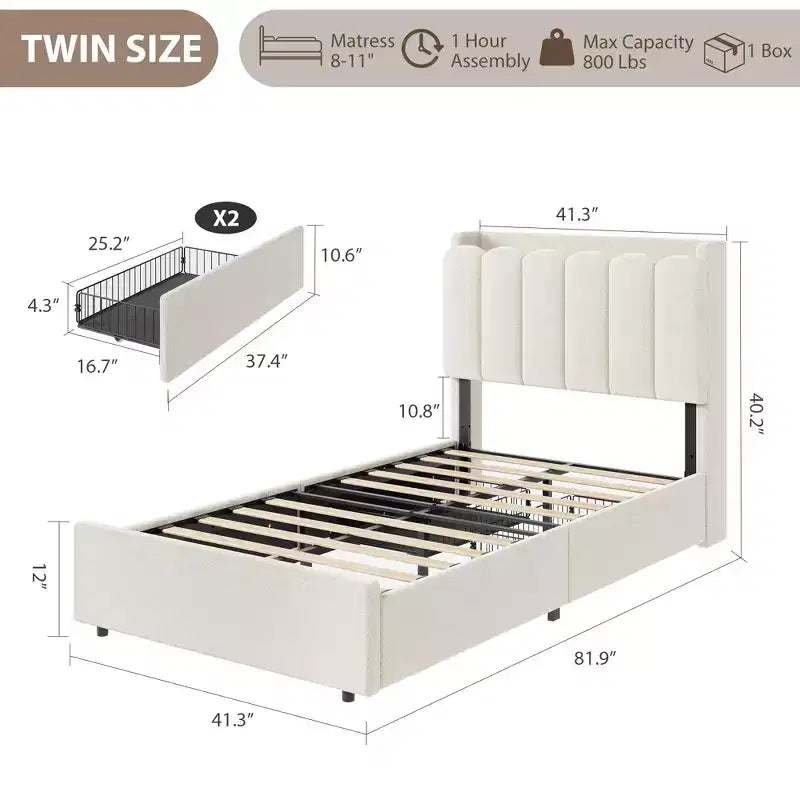 Twin Size Bed Frame with Storage Headboard, Upholstered Platform Bed Frame with 2 Drawers, Wooden Slats Support, No Box Spring Required