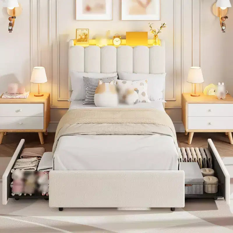 Twin Size Bed Frame with Storage Headboard, Upholstered Platform Bed Frame with 2 Drawers, Wooden Slats Support, No Box Spring Required