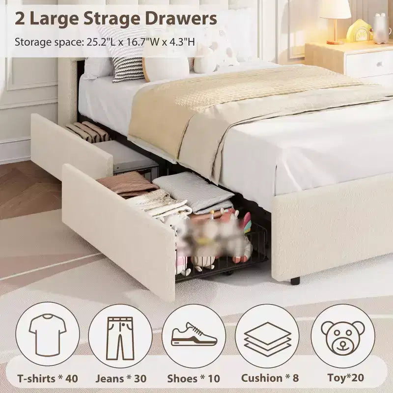 Twin Size Bed Frame with Storage Headboard, Upholstered Platform Bed Frame with 2 Drawers, Wooden Slats Support, No Box Spring Required