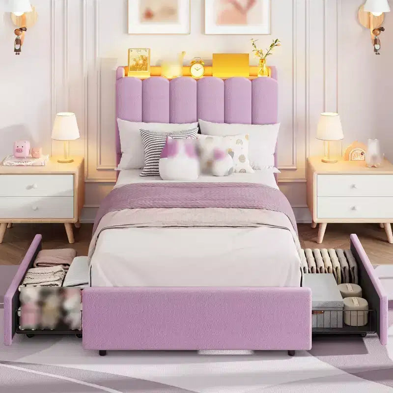Twin Size Bed Frame with Storage Headboard, Upholstered Platform Bed Frame with 2 Drawers, Wooden Slats Support, No Box Spring Required