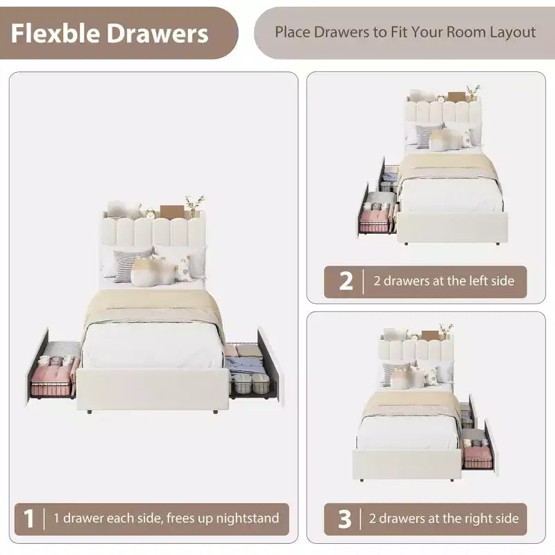 Twin Size Bed Frame with Storage Headboard, Upholstered Platform Bed Frame with 2 Drawers, Wooden Slats Support, No Box Spring Required