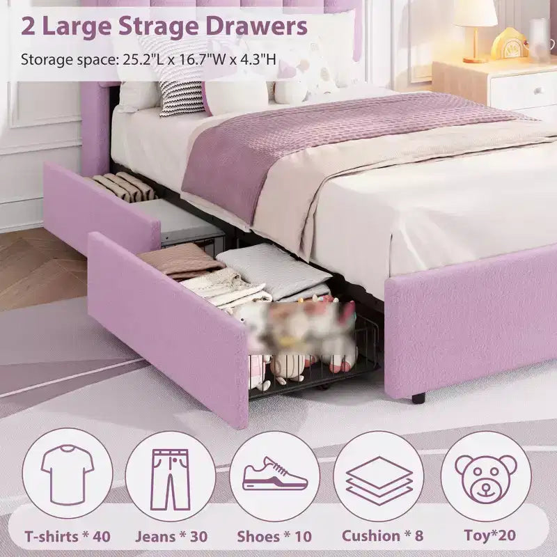 Twin Size Bed Frame with Storage Headboard, Upholstered Platform Bed Frame with 2 Drawers, Wooden Slats Support, No Box Spring Required