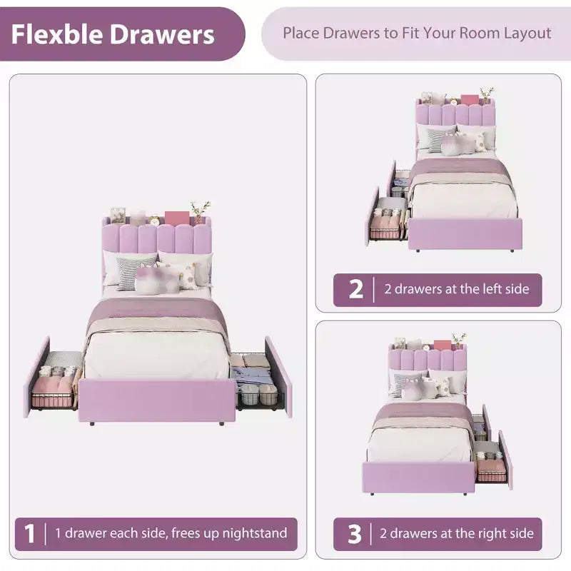 Twin Size Bed Frame with Storage Headboard, Upholstered Platform Bed Frame with 2 Drawers, Wooden Slats Support, No Box Spring Required