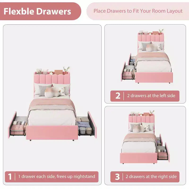 Twin Size Bed Frame with Storage Headboard, Upholstered Platform Bed Frame with 2 Drawers, Wooden Slats Support, No Box Spring Required