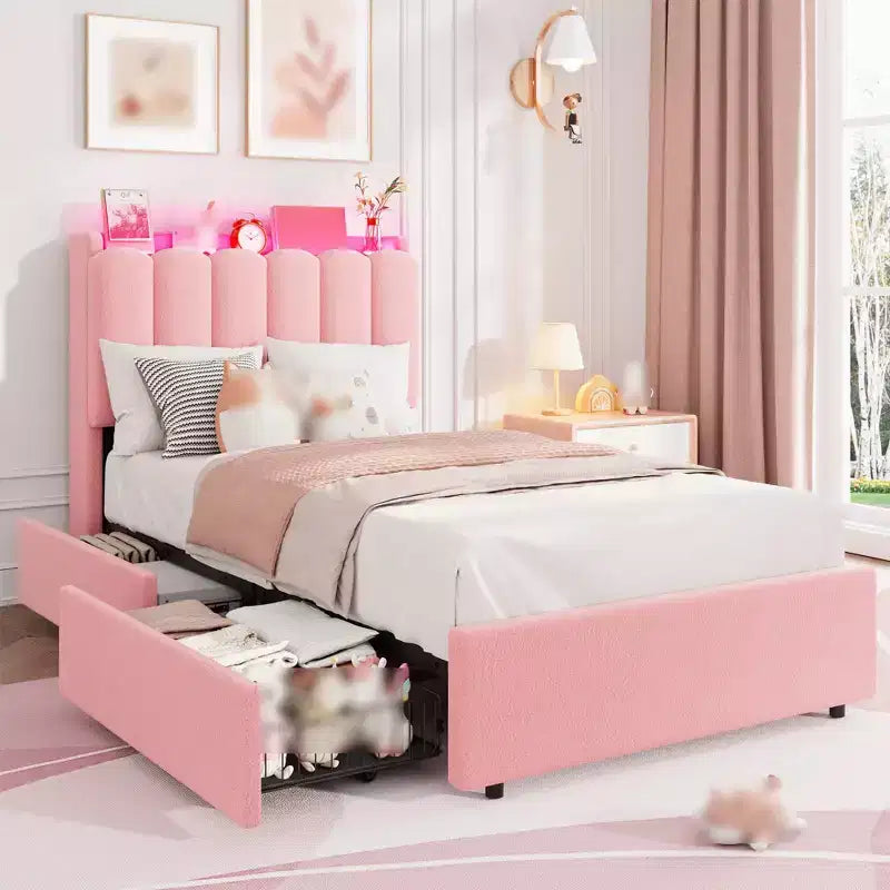 Twin Size Bed Frame with Storage Headboard, Upholstered Platform Bed Frame with 2 Drawers, Wooden Slats Support, No Box Spring Required