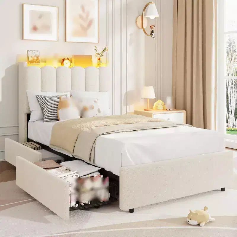 Twin Size Bed Frame with Storage Headboard, Upholstered Platform Bed Frame with 2 Drawers, Wooden Slats Support, No Box Spring Required
