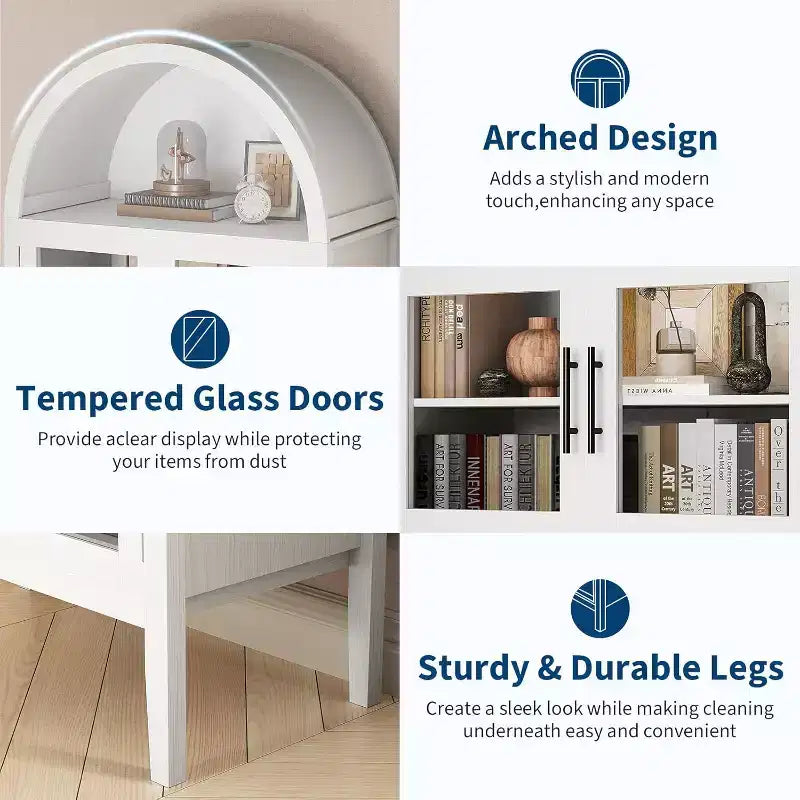 70 Tall Arched Kitchen Pantry Cabinet with LED Lights and Adjustable Shelves,Arched Bookshelf for Kitchen, Dining Room, Living Room