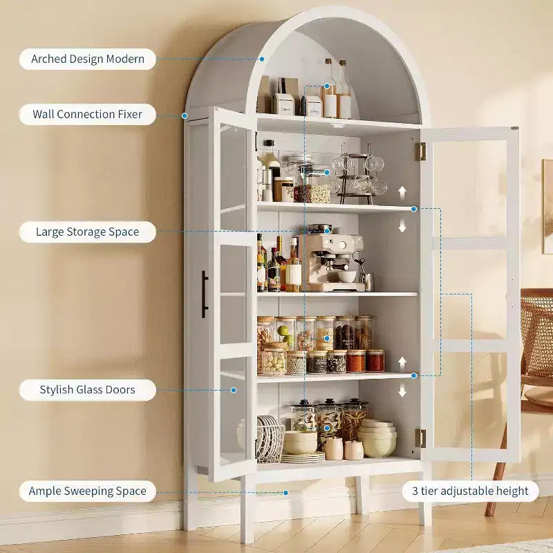 70 Tall Arched Kitchen Pantry Cabinet with LED Lights and Adjustable Shelves,Arched Bookshelf for Kitchen, Dining Room, Living Room