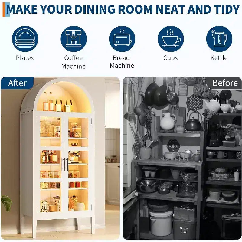 70 Tall Arched Kitchen Pantry Cabinet with LED Lights and Adjustable Shelves,Arched Bookshelf for Kitchen, Dining Room, Living Room