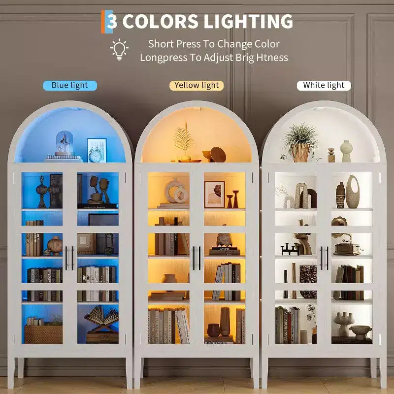 70 Tall Arched Kitchen Pantry Cabinet with LED Lights and Adjustable Shelves,Arched Bookshelf for Kitchen, Dining Room, Living Room