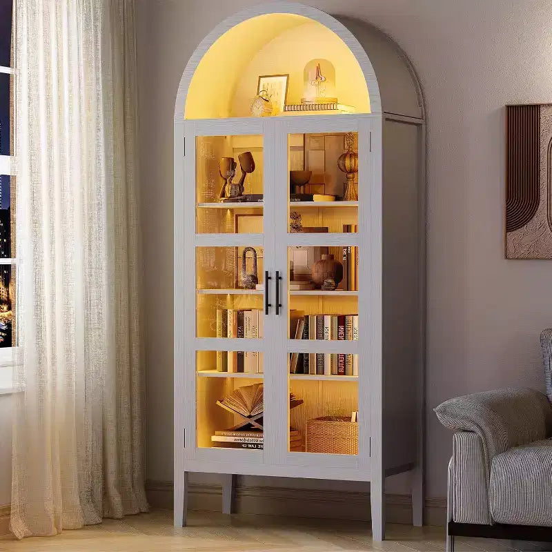 70 Tall Arched Kitchen Pantry Cabinet with LED Lights and Adjustable Shelves,Arched Bookshelf for Kitchen, Dining Room, Living Room