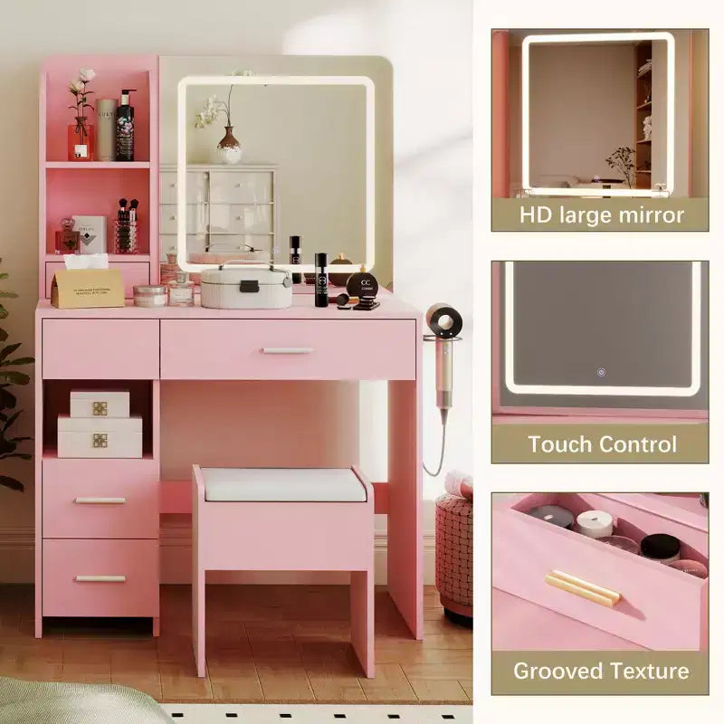 Vanity Desk with Mirror and Lights, 3 Adjustable Lighting Makeup Vanity Desk with 3 Storage Shelves, 5 Large Drawers and Power Outlet