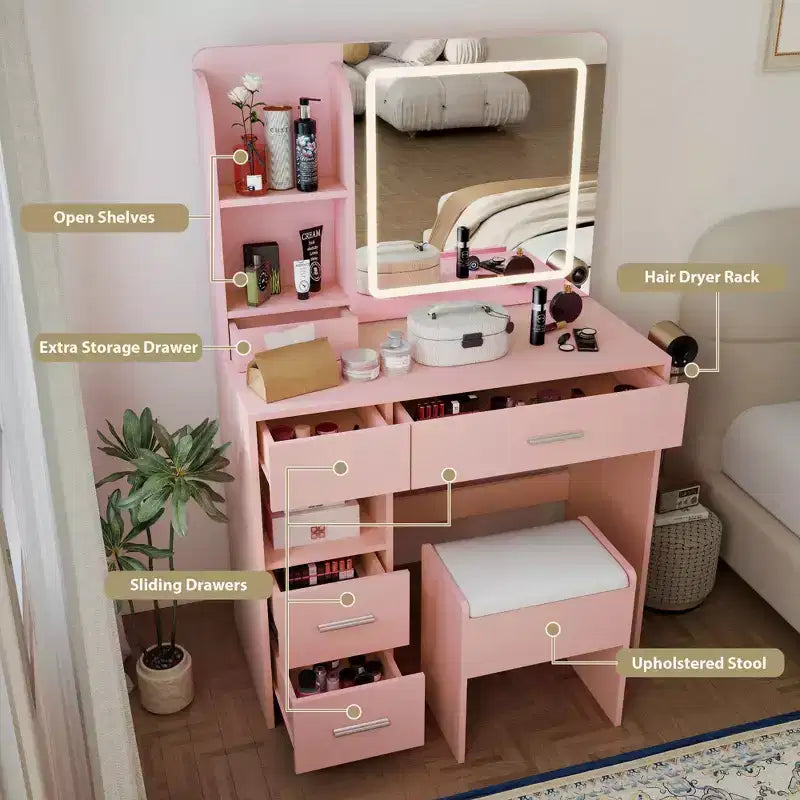 Vanity Desk with Mirror and Lights, 3 Adjustable Lighting Makeup Vanity Desk with 3 Storage Shelves, 5 Large Drawers and Power Outlet