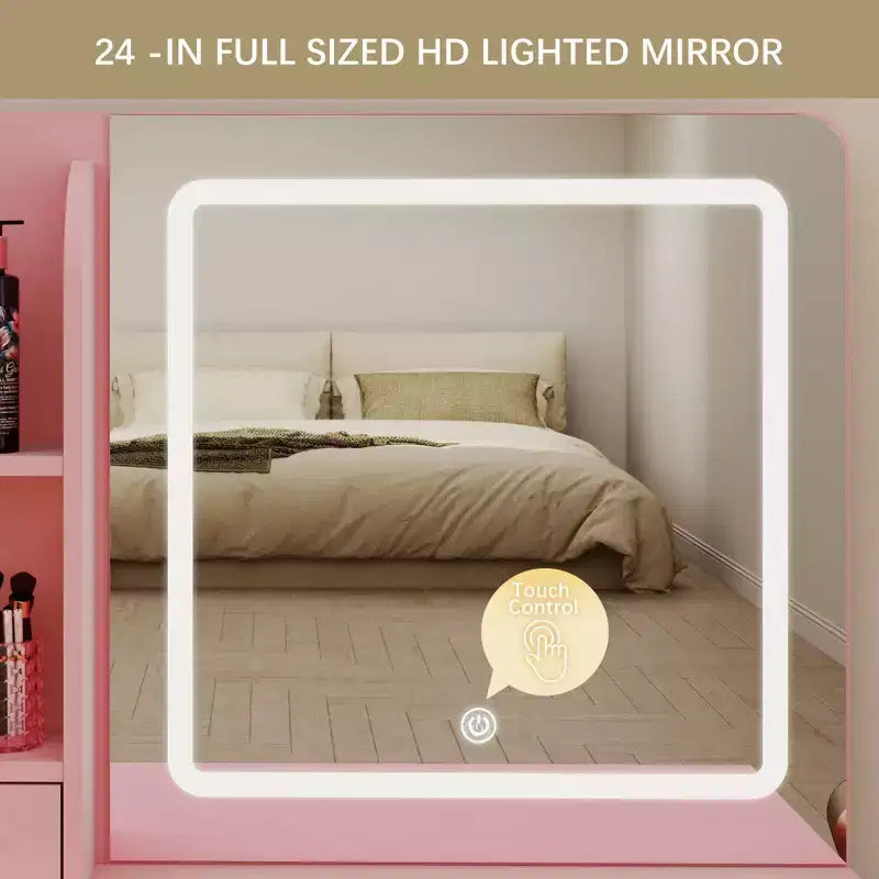 Vanity Desk with Mirror and Lights, 3 Adjustable Lighting Makeup Vanity Desk with 3 Storage Shelves, 5 Large Drawers and Power Outlet