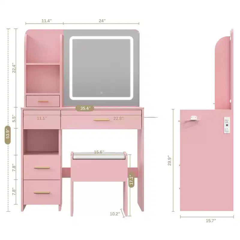 Vanity Desk with Mirror and Lights, 3 Adjustable Lighting Makeup Vanity Desk with 3 Storage Shelves, 5 Large Drawers and Power Outlet