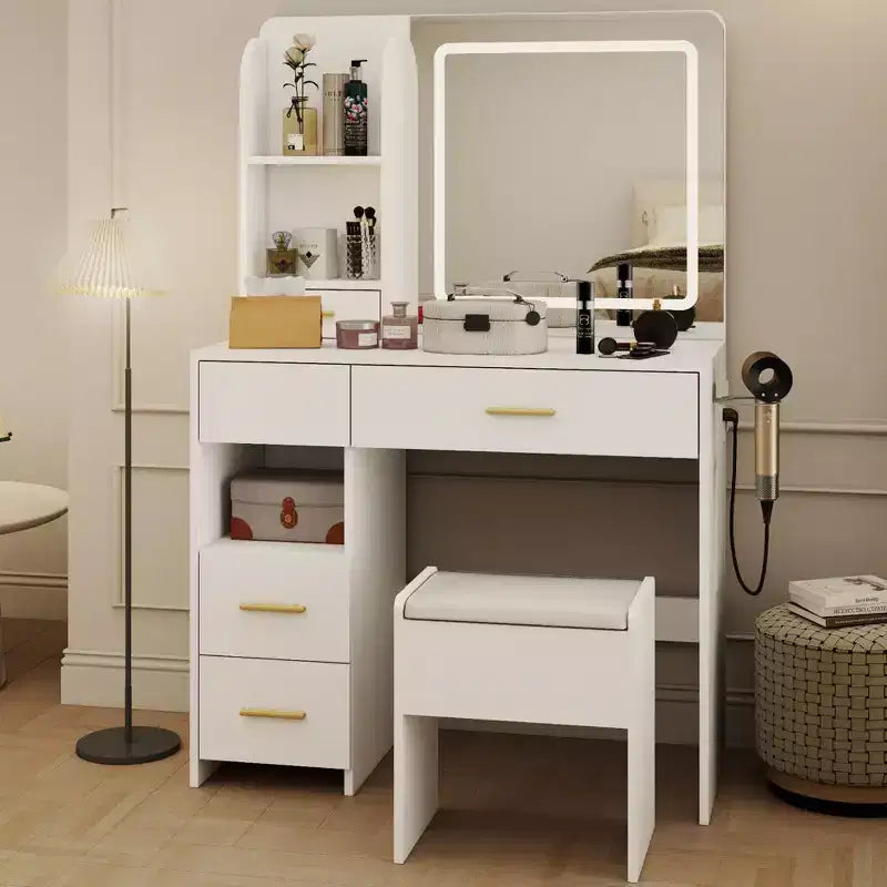 Vanity Desk with Mirror and Lights, 3 Adjustable Lighting Makeup Vanity Desk with 3 Storage Shelves, 5 Large Drawers and Power Outlet