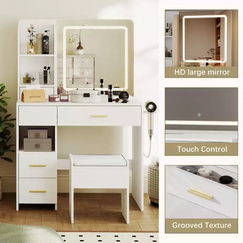 Vanity Desk with Mirror and Lights, 3 Adjustable Lighting Makeup Vanity Desk with 3 Storage Shelves, 5 Large Drawers and Power Outlet