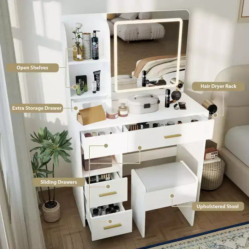 Vanity Desk with Mirror and Lights, 3 Adjustable Lighting Makeup Vanity Desk with 3 Storage Shelves, 5 Large Drawers and Power Outlet