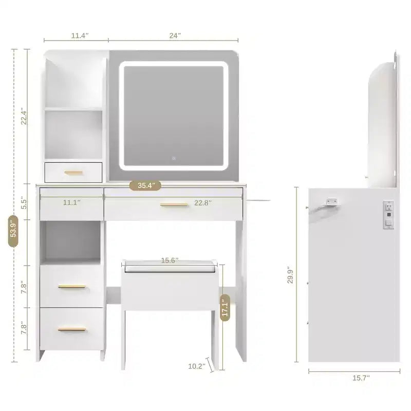Vanity Desk with Mirror and Lights, 3 Adjustable Lighting Makeup Vanity Desk with 3 Storage Shelves, 5 Large Drawers and Power Outlet
