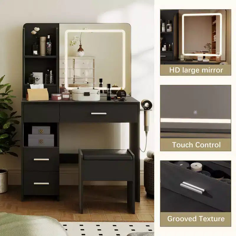 Vanity Desk with Mirror and Lights, 3 Adjustable Lighting Makeup Vanity Desk with 3 Storage Shelves, 5 Large Drawers and Power Outlet