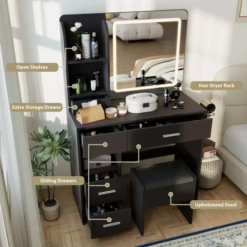 Vanity Desk with Mirror and Lights, 3 Adjustable Lighting Makeup Vanity Desk with 3 Storage Shelves, 5 Large Drawers and Power Outlet