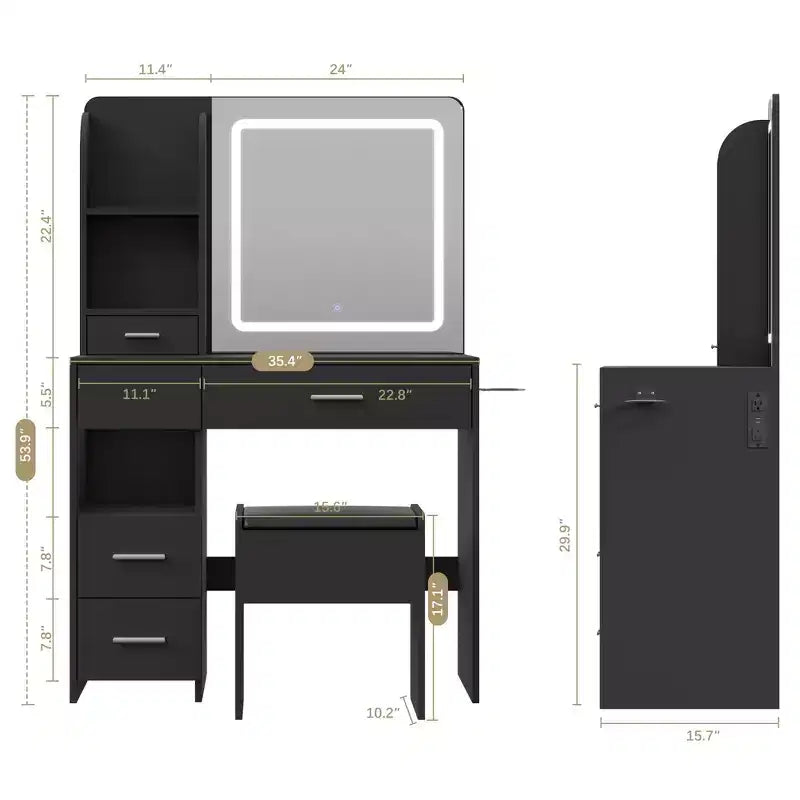 Vanity Desk with Mirror and Lights, 3 Adjustable Lighting Makeup Vanity Desk with 3 Storage Shelves, 5 Large Drawers and Power Outlet