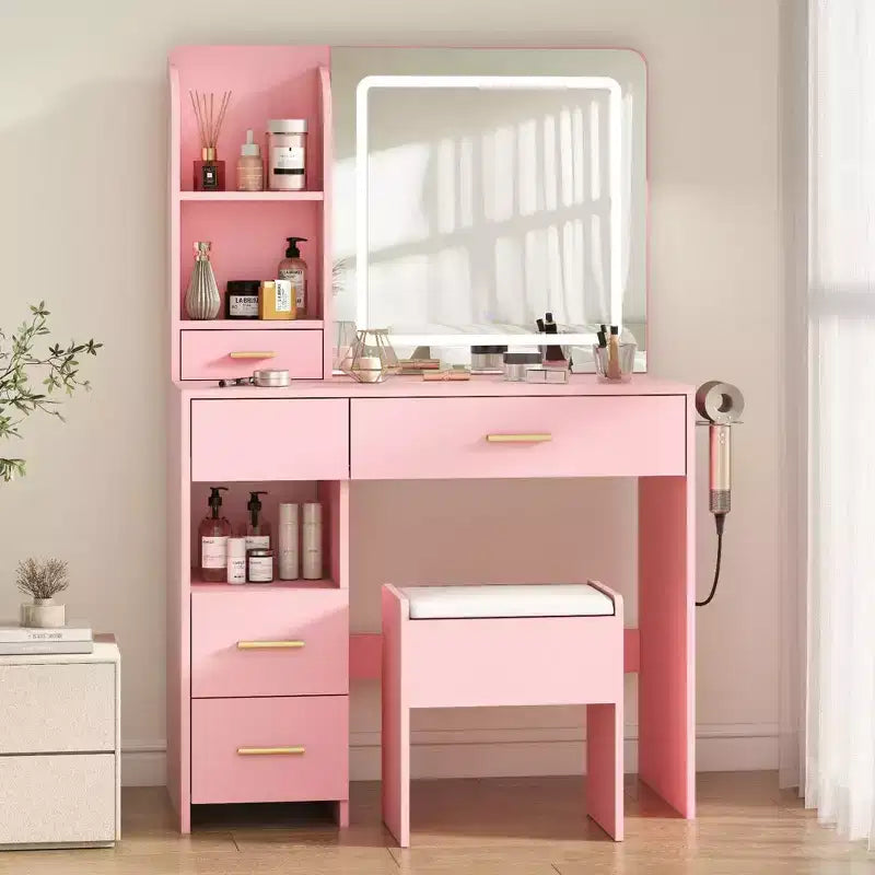 Vanity Desk with Mirror and Lights, 3 Adjustable Lighting Makeup Vanity Desk with 3 Storage Shelves, 5 Large Drawers and Power Outlet