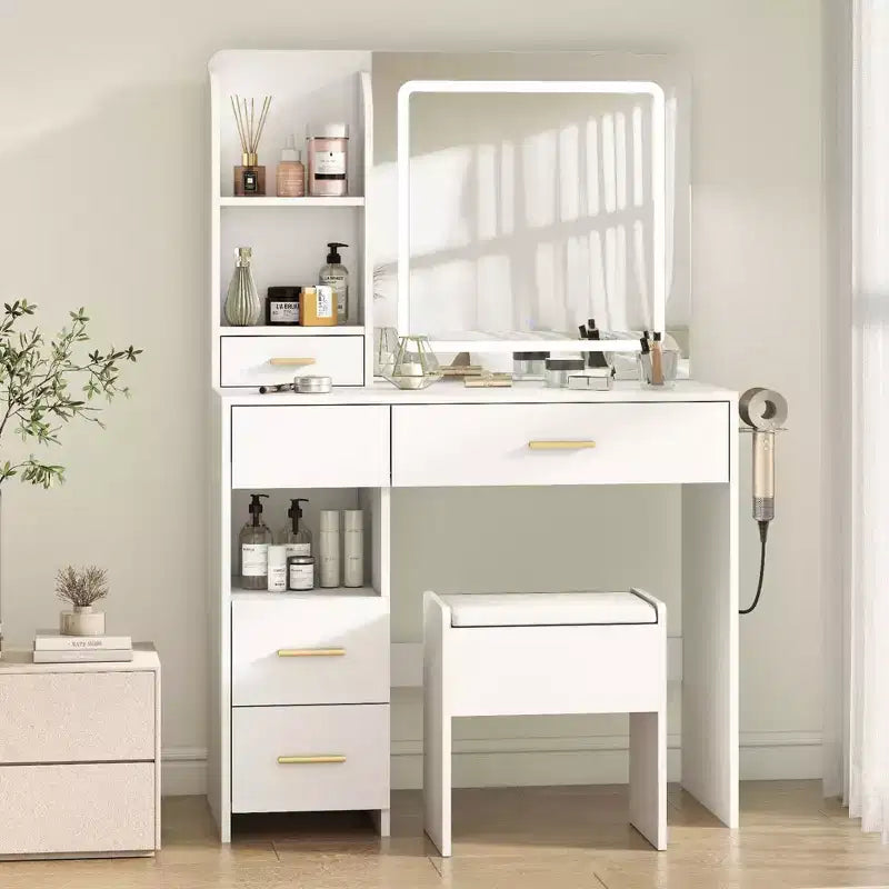 Vanity Desk with Mirror and Lights, 3 Adjustable Lighting Makeup Vanity Desk with 3 Storage Shelves, 5 Large Drawers and Power Outlet