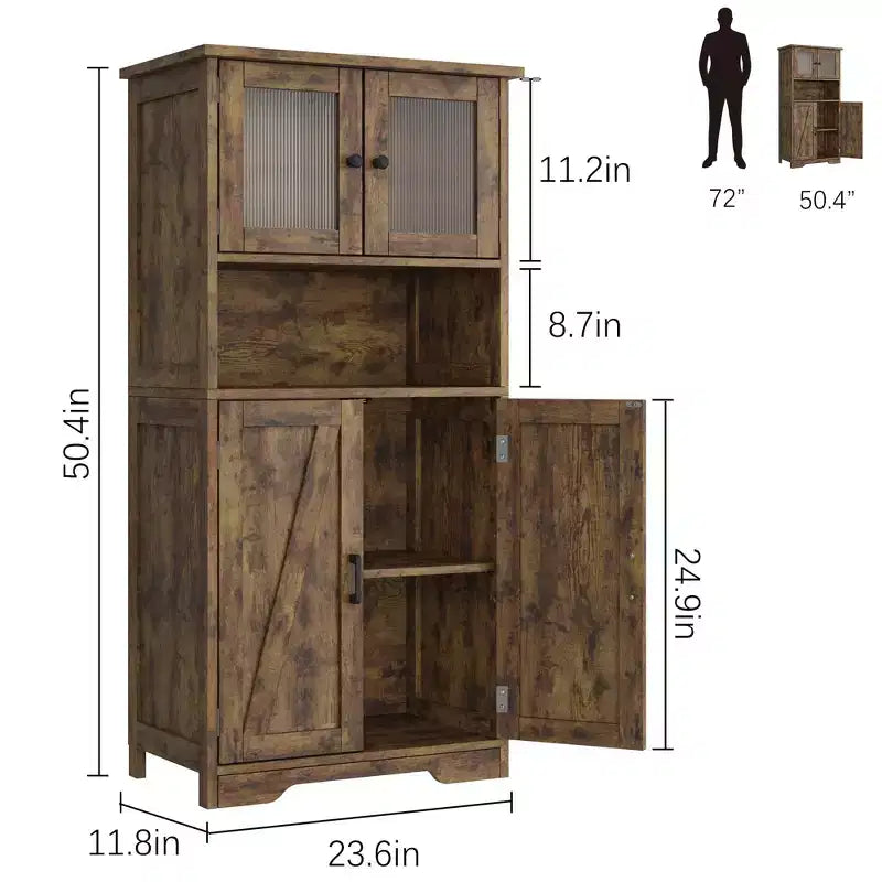 Hutch Bar Cabinet with Glass Doors, 54 Tall Pantry Storage Cabinet with Adjustable Shelves for Living Room