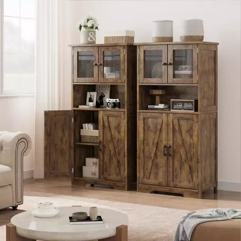 Hutch Bar Cabinet with Glass Doors, 54 Tall Pantry Storage Cabinet with Adjustable Shelves for Living Room