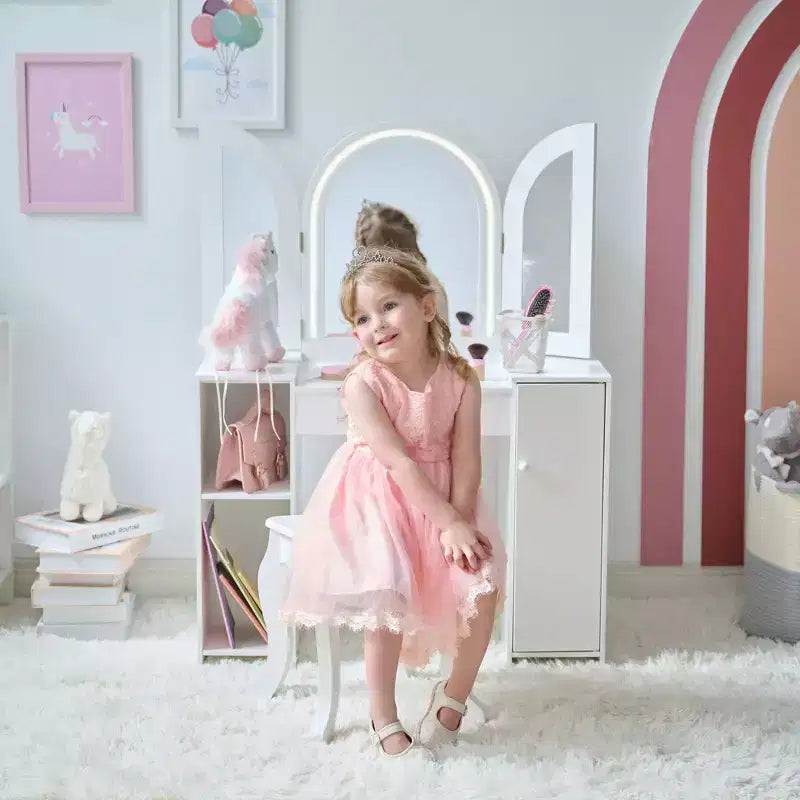 Kids Deluxe Glow Wooden Vanity Desk with LED Mirror, Storage & Stool, White