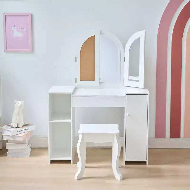 Kids Deluxe Glow Wooden Vanity Desk with LED Mirror, Storage & Stool, White