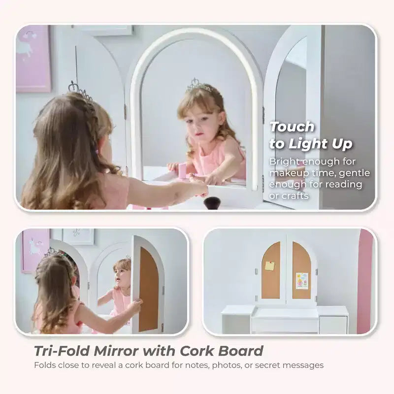Kids Deluxe Glow Wooden Vanity Desk with LED Mirror, Storage & Stool, White