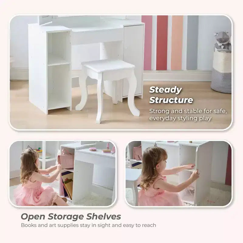 Kids Deluxe Glow Wooden Vanity Desk with LED Mirror, Storage & Stool, White