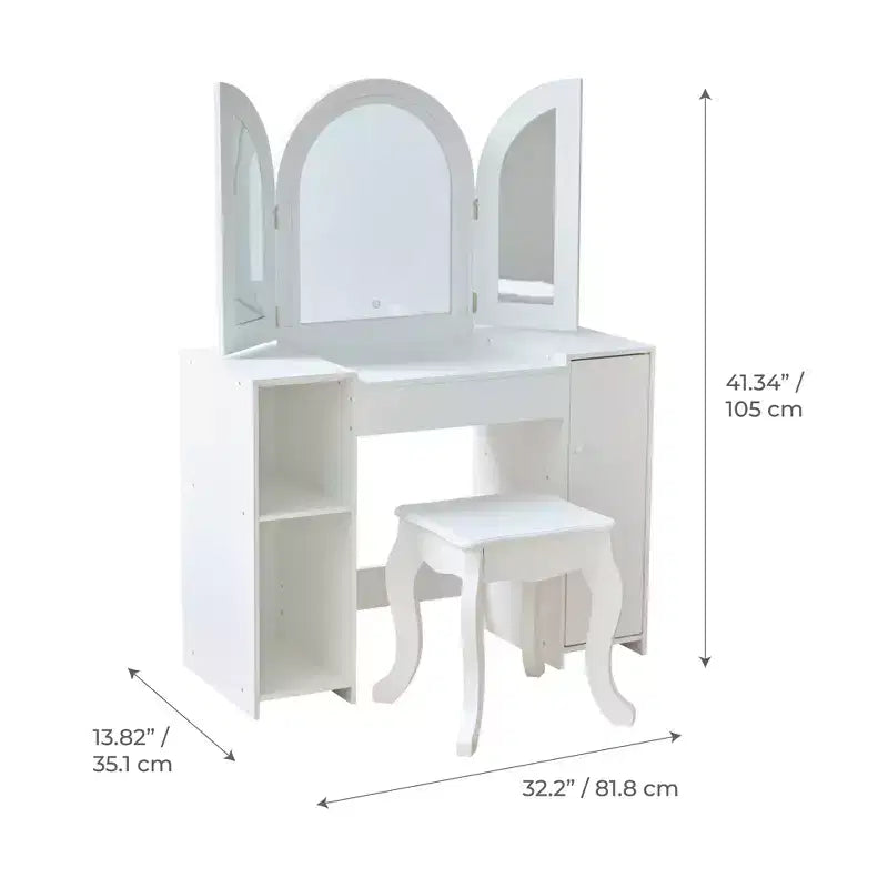Kids Deluxe Glow Wooden Vanity Desk with LED Mirror, Storage & Stool, White