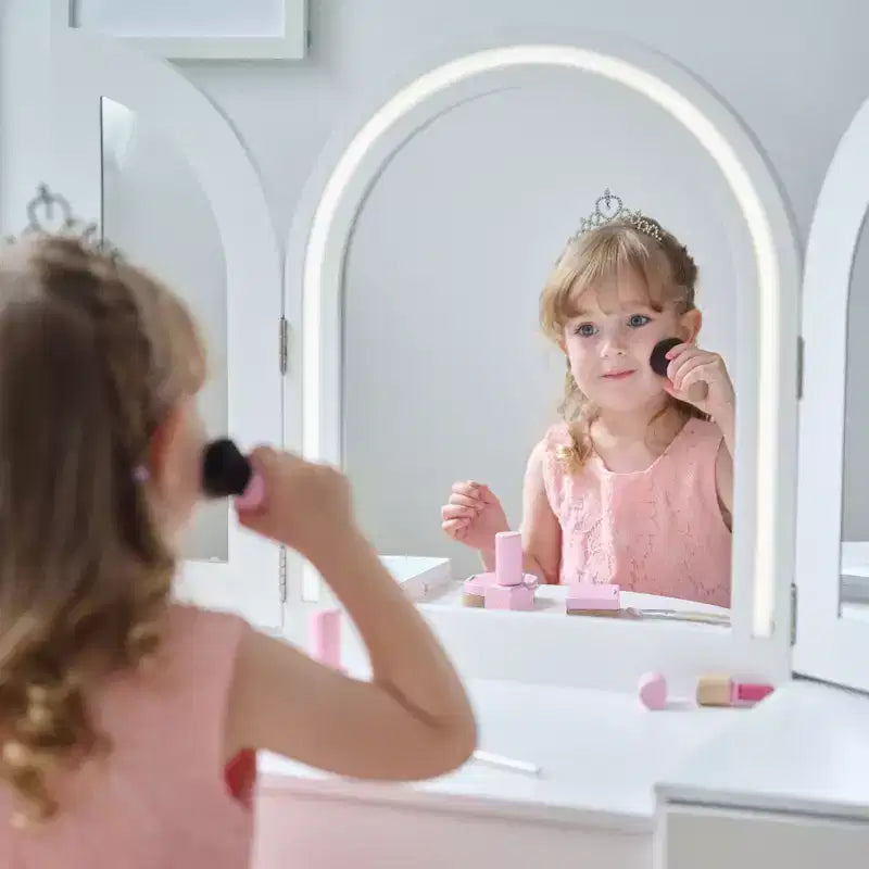 Kids Deluxe Glow Wooden Vanity Desk with LED Mirror, Storage & Stool, White
