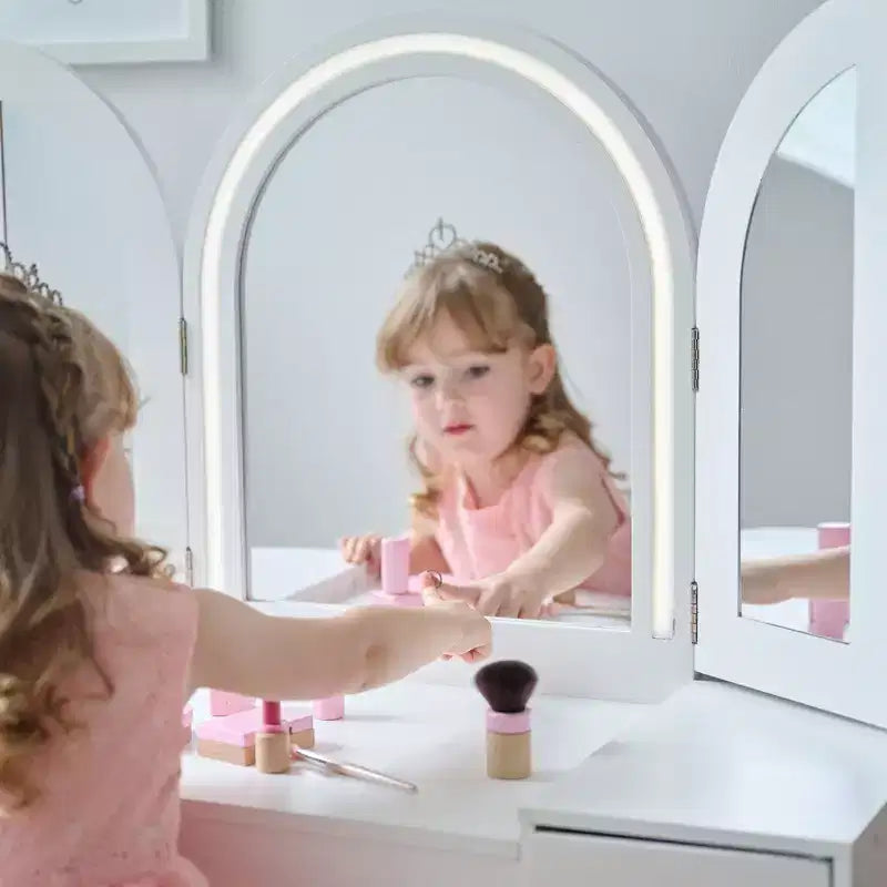 Kids Deluxe Glow Wooden Vanity Desk with LED Mirror, Storage & Stool, White