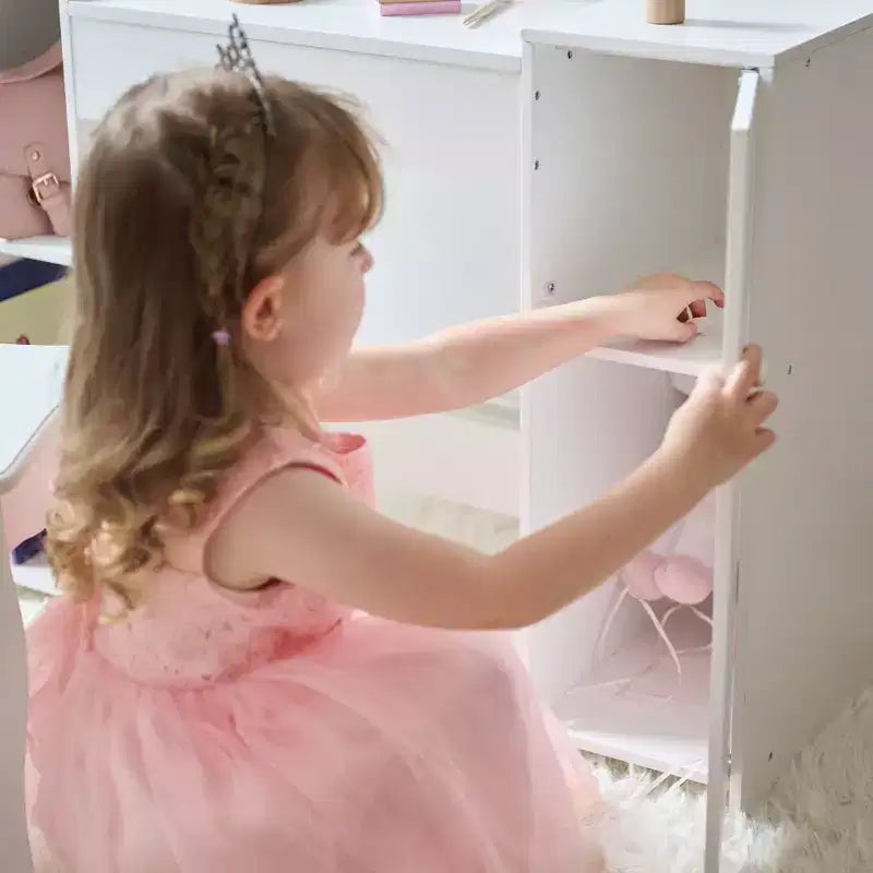 Kids Deluxe Glow Wooden Vanity Desk with LED Mirror, Storage & Stool, White