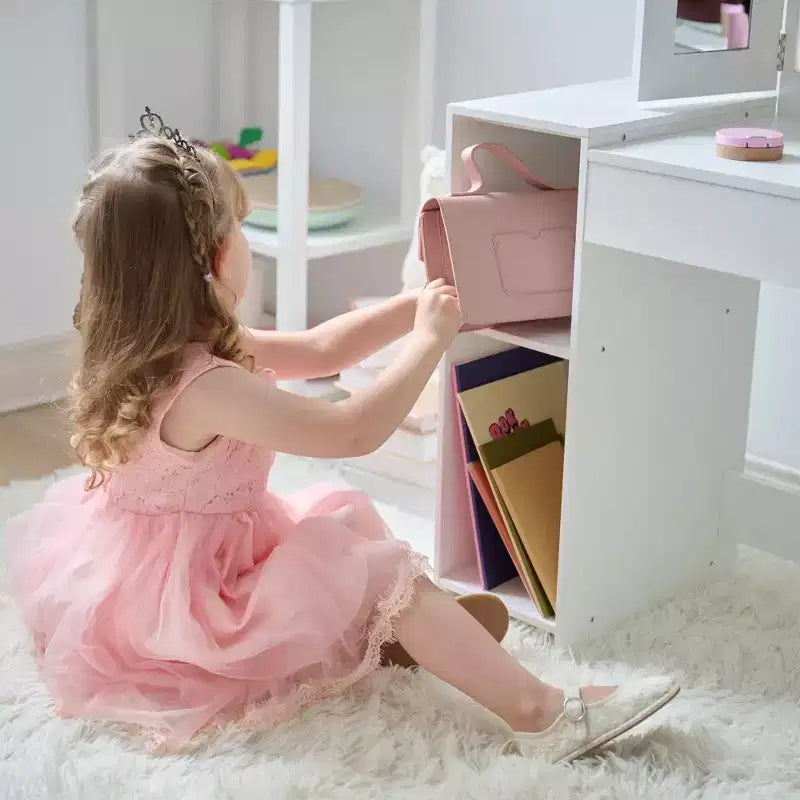 Kids Deluxe Glow Wooden Vanity Desk with LED Mirror, Storage & Stool, White