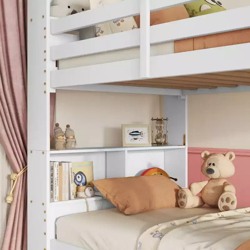Twin over Twin Bunk Bed with Storage Shelves, 2-In-1 Rubber Wood Kids Bunk Beds with Safety Guardrails and Ladder, Twin Bed for Bedroom
